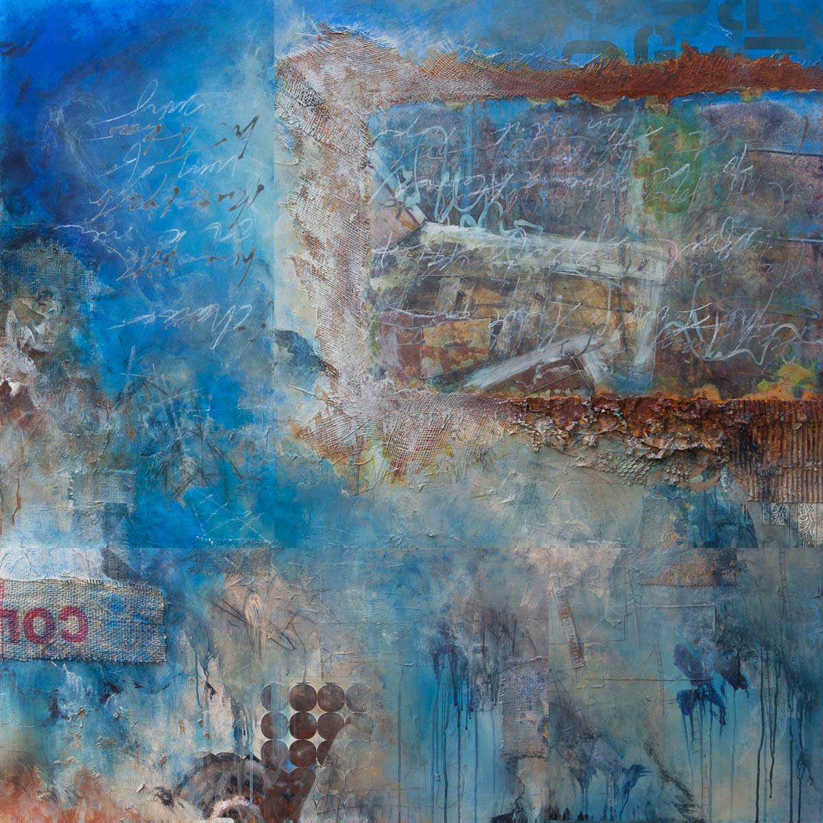 Unfinished Business, 2015, quadriptych, mixed media on wood, 54" x 54"